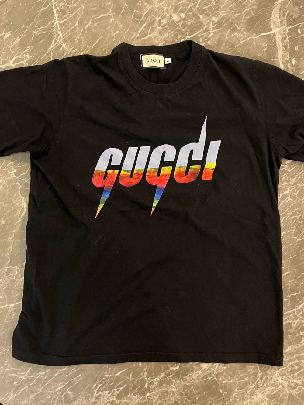 Gucci Black Lightning Bolt Graphic T-Shirt - Vibrant Sunset Print - Size F